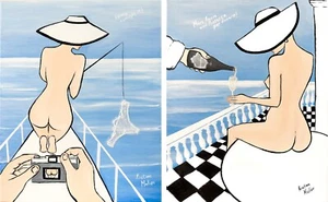 Diptych: Italian Vacation, Kristina Mallen | Original Unique Erotic Pop Painting - Picture 1 of 13