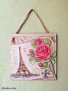 Wall hanging plaque/picture Paris Eiffel Tower Pink roses French Fleur de Lis