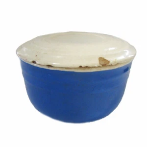 Rustic Cobalt Blue Stoneware Pottery Bowl w/Lid, Antique New England Farm Charm - Picture 1 of 10