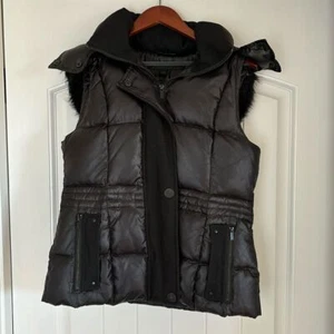 Kenneth Cole Black Down Puffer Faux Fur Hoodie Wool Trim Full Zip Womens Medium - Picture 1 of 15