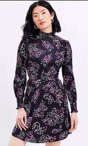 LOFT Petite schwarz lila Paisley Stehkragen Minikleid Größe 10P Boho Twee Neu mit Etikett - Bild 1 von 12
