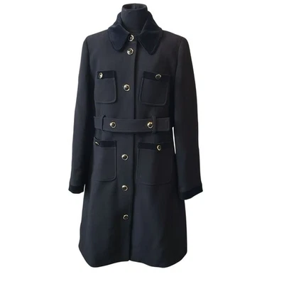 J Crew Black Velvet Accent Lady Day Coat Womens 10 Gold Buttons Italian Wool - Image 1 of 4