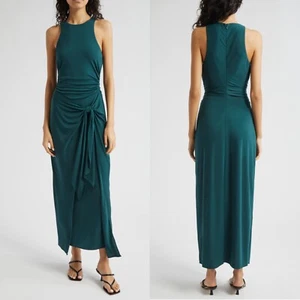$395 NEW Cinq à Sept GREEN ONYX Andie FRONT WRAP Side Tie RUCHED Maxi DRESS US 8 - Picture 1 of 12