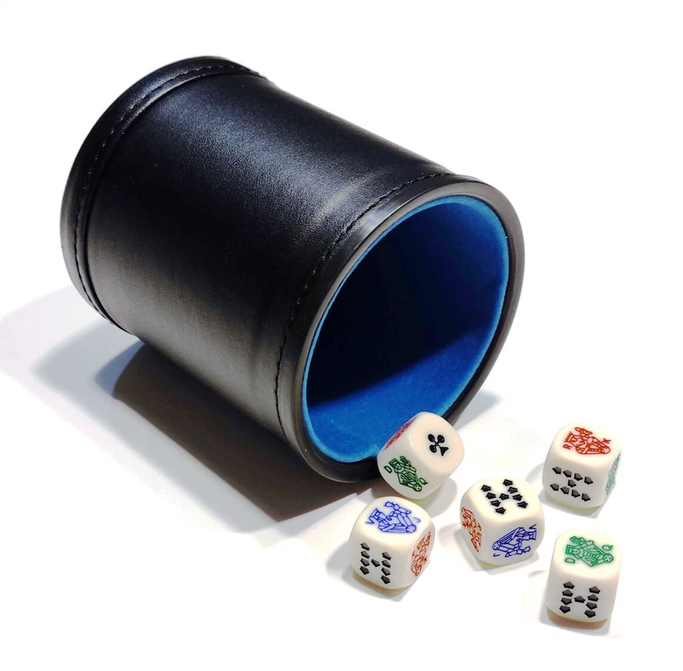 Nueva taza de dados de cuero bicast con forro de fieltro azul y 5 dados de póker de esquina redondeada Foto 1 de 1