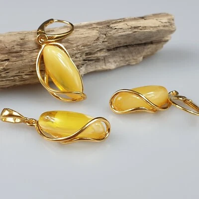 Set weiss Bernstein Ohrringe Anhanger Kette Schmuckset Vegoldet silber 925 - Bild 1 von 4