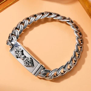 Pure S925 Sterling Silver Chain 11mm Six Words Curb Link Bracelet 62-63g 7.9inch - Picture 1 of 7