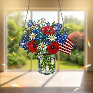 Patriotic Flower Suncatcher, Holographic Window Hanging,  Acrylic Flag Jar Art - Picture 1 of 7