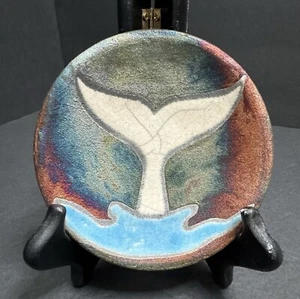 Signed Raku Studio Pottery Decor Trinket Dish Japanese style crackle Whale Tail - Picture 1 of 8