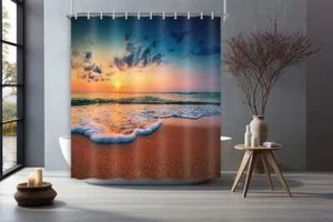 Ocean Shower CurtainBlue Sand Beach Ocean Waves Sunset Beach Aesthetic Offsho... - Picture 1 of 6