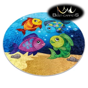 Practical washable kids round RUG JUNIOR printed FISH OCEAN anti-slip easy clean - Picture 1 of 11