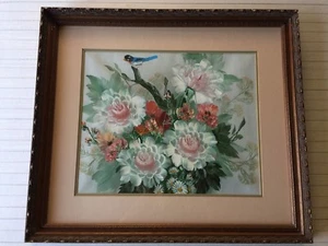 Vintage Japanese / Chinese Original Acrylic Painting Flower & Bird, Framed - Picture 1 of 7