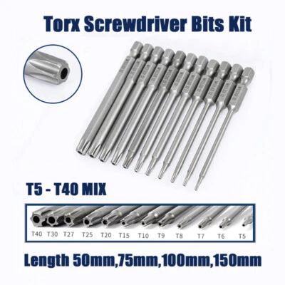 Long 50,75,100,150mm Torx Screwdriver Bits Set Hex Star Drill Bits Kit T5 to T40 - Image 1 of 4