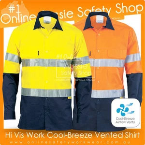 HI VIS COTTON WORK COOL BREEZE BREATHABLE REFLECTIVE VENTED LONG SLEEVE SHIRT - Picture 1 of 3