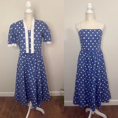 Vestido De Colección Lanz Azul Algodón Ajuste y Acampanado Blanco Lunares con Encogimiento de hombros a Juego Talla 10 Foto 1 de 4