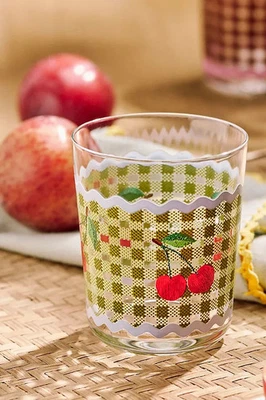 New Anthropologie Ischia Green Gingham with Cherries Juice Glass - Image 1 of 4