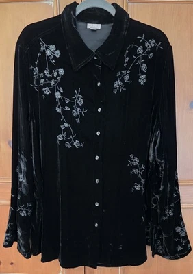 Blusa J Jill Mujer Negra Terciopelo Aplastado Seda Bordada Cuentas Abotonada 3X Foto 1 de 4