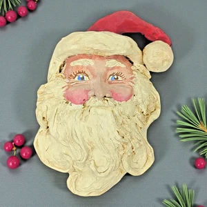 Spilla da bavero vintage in cartapesta volto di Babbo Natale | scolpita e dipinta a mano rara grande 4,5" - Foto 1 di 6