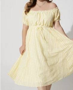 Abito contadino torrido midi veggente ventosa taglia 2x giallo gingham a quadri spalle scoperte - Foto 1 di 6