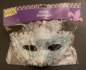 Venetian Masquerade Mask: Light Blue Lace with Silver Trim and Rhinestones - Picture 1 of 7