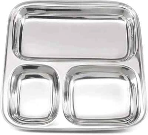 2 Pcs Square Stainless Steel Plate 3 Section/Compartment 8.5" Apx. Dinner Plates - Picture 1 of 4