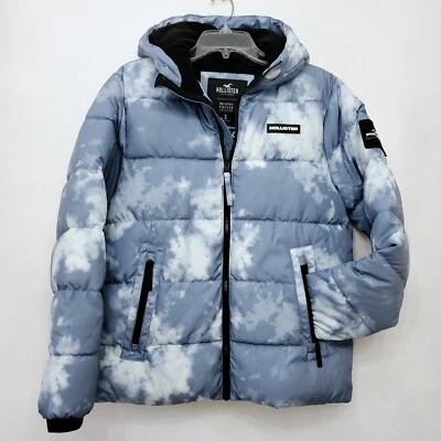 Hollister Men’s Fleece-Lined Full Zip Hooded Puffer Jacket Slate Tie-Dye - Small - Image 1 of 4