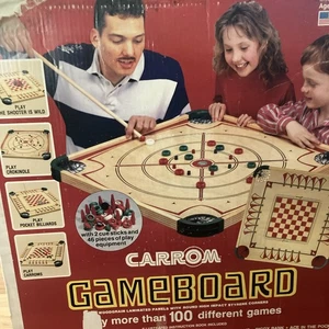 Vtg Carrom Wood Game Board  Double Sided w/ Box, 2cues & Approximately 80 Pieces - Picture 1 of 21