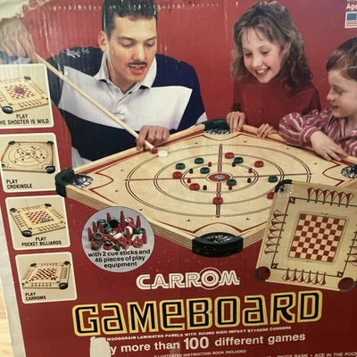 Vtg Carrom Wood Game Board  Double Sided w/ Box, 2cues & Approximately 80 Pieces - Image 1 of 4
