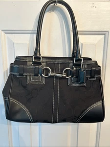 Coach Black Leather Satchel Top Handle Buckle Detail Designer Purse - Picture 1 of 8