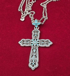 Brighton Convertible Retired Cross Necklace Turquoise Enamel Double Chain 18" - Picture 1 of 7
