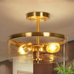 Uolfin Semi-Flush Mount Lighting 11.8"W Copper Gold Metal w/ Seeded Glass Shade - Picture 1 of 7