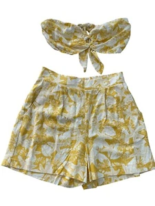 Monteau Yellow Floral Two Piece Tube Top Shorts Set Size Medium Linen Blend NEW - Picture 1 of 6