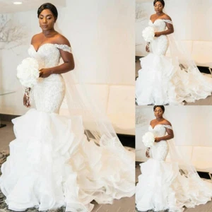 Crystal Mermaid Wedding Dresses Off Shoulder Ruffles Chapel Train Plus Size Gown - Picture 1 of 10