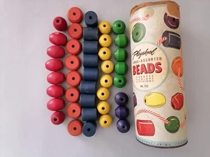 VINTAGE PLAYSKOOL JUMBO ASSORTED WOOD BEADS, 40+, Original container/no lid - Bild 1 von 7