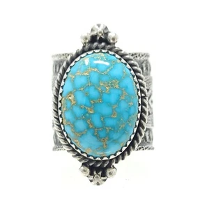 Anillo Delayne Reeves Navajo Plata Esterlina Ancho Montura Banda Kingman Turquesa - Imagen 1 de 7