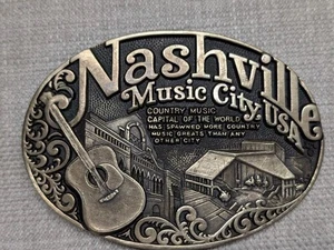 vintage NASHVILLE belt buckle WESTERN country music COWBOY guitar SOLID BRASS - Picture 1 of 4