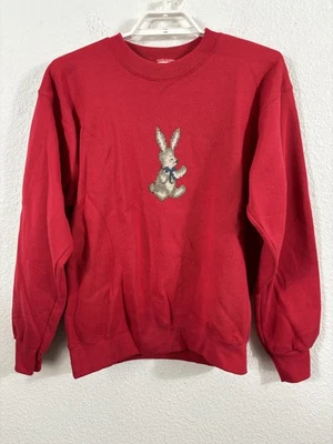 VINTAGE Pro Spirit Sweatshirt Large Red Bunny Cross Stitch Made USA 90s *Spots - Image 1 of 4