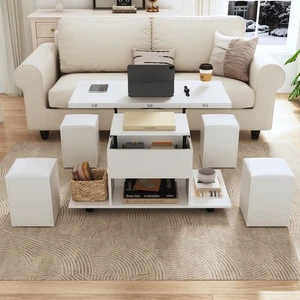 Lift Up Top Coffee Table w/ Storage Dining Table and Stools Set for Living Room - Picture 1 of 14