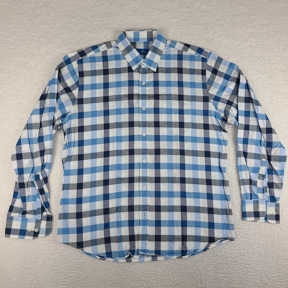 Toscano Shirt Mens Large Blue White Check Plaid Cotton Dress Button Up - Image 1 of 4