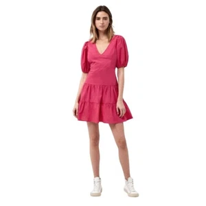 French Connection NWOT Birch Puff-Sleeve Poplin Dress Tiered Design V-Neck 16/XL - Picture 1 of 12