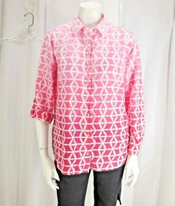 Chico's Gr. 1 (M) weiß & rosa Print ombre 100 % Baumwolle LS Knopfleiste Top/Shirt - Bild 1 von 12