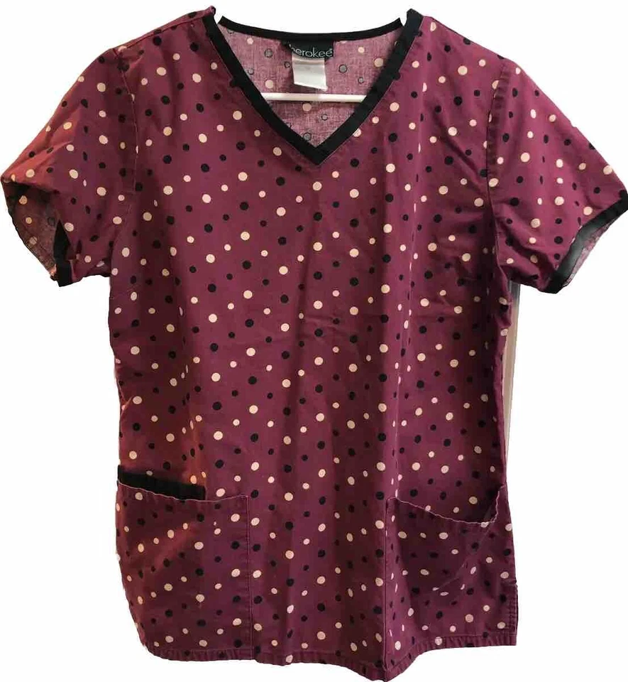 Cherokee Scrub Top Women’s Size Medium Maroon with Black And Tan Polka Dots  - Image 1 of 4