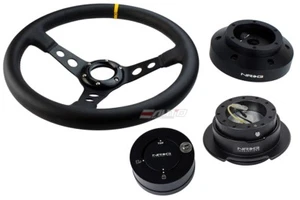 NRG 350 3" D Steering Wheel Leather BK YW/101 Hub/2.5 BK Quick Release/Lock Matt - Picture 1 of 5