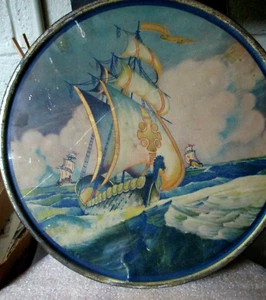 biscuit tin Ship on the Ocean /Geo C miller boston mass. 12" across - Picture 1 of 5