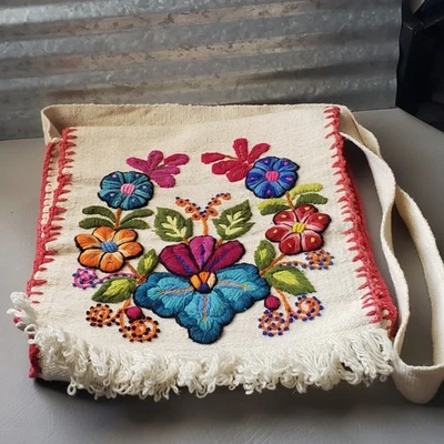 Wool Beautifully Embroidered Purse Crossbody Boho Colorful Flower Shoulder Bag - Image 1 of 4