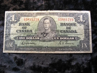 old world currency note CANADA 1 dollar 1937 P58 King George VI - Image 1 of 2