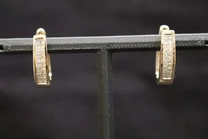 14k Yellow Gold Diamond Hinged Hoop Earring Pair - Picture 1 of 6