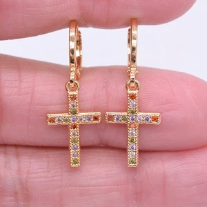 18K Yellow Gold Filled Women Fashion Multicolor Topaz Cross Dangle Earrings - Picture 1 of 4