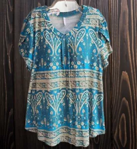Bestbee Womens Size 2XL Top Blouse Shorts Sleeves Emerald Green Paisley Print - Picture 1 of 9