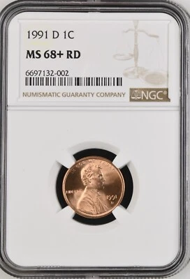 1991-D 1C RD Lincoln Memorial One Cent  NGC MS68+RD  6697132–002 - Image 1 of 2