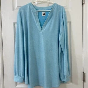 Anne Klein 2X Long Sleeve Aqua Blue Polka Dot Blouse Top EUC - Picture 1 of 6